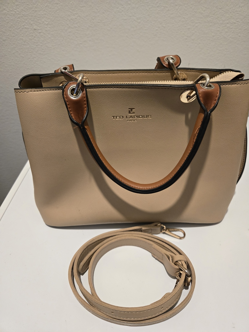 Beige Leather Tote with Detachable Strap